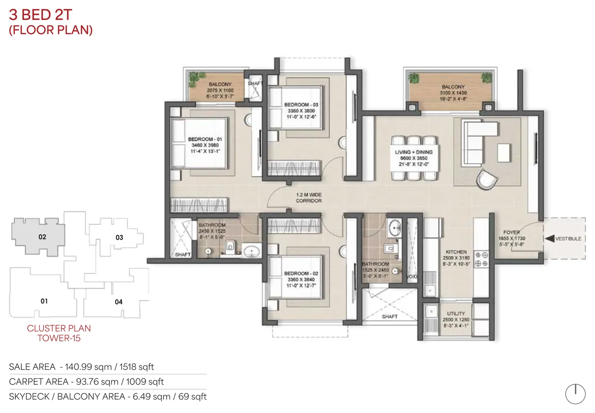 Nambiar District 25 Phase 3 3 BHK 2T floor plan - 1,518 sq ft saleable