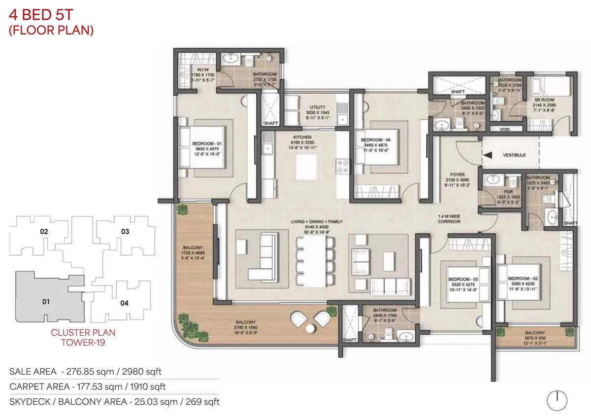 Nambiar District 25 Phase 3 4 BHK 5T flagship floor plan - 2,980 sq ft saleable