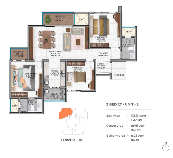 3 BHK 2T floor plan