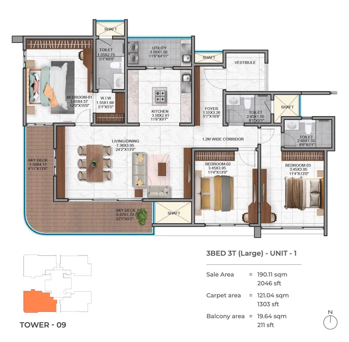 3 BHK 3T large floor plan