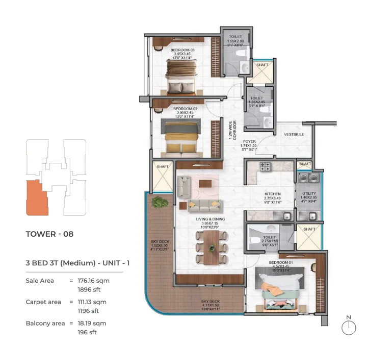3 BHK 3T medium floor plan