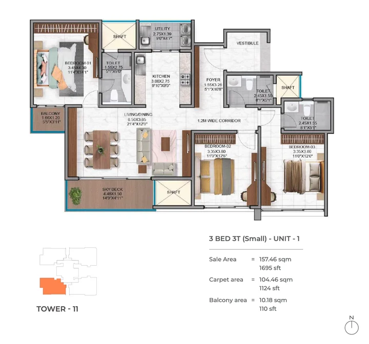 3 BHK 3T compact floor plan